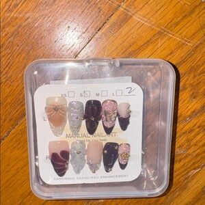 Purple burgundy plum silver nude Nail set sparkle butterfly Pearl press on glue